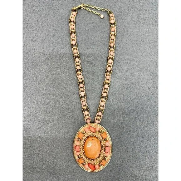 Vintage Chicos Statement Necklace Large Pink Peach Rhinestone Pendant Beaded - Picture 2 of 9